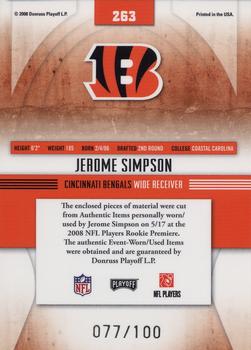 2008 Playoff Absolute Memorabilia - Rookie Premiere Materials Oversize Jersey Number #263 Jerome Simpson Back