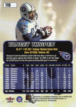 2001 Ultra #115 Yancey Thigpen Back