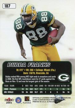 2001 Ultra #187 Bubba Franks Back