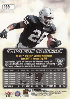 2001 Ultra #189 Napoleon Kaufman Back
