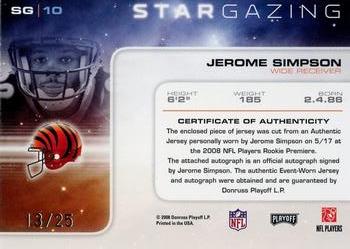 2008 Playoff Absolute Memorabilia - Star Gazing Materials Autographs #SG 10 Jerome Simpson Back