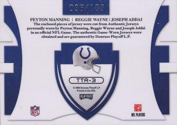 2008 Playoff Absolute Memorabilia - Team Trios Materials NFL #TTR-3 Peyton Manning / Reggie Wayne / Joseph Addai Back