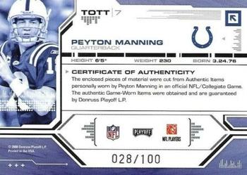 2008 Playoff Absolute Memorabilia - Tools of the Trade Double Material Blue #TOTT 7 Peyton Manning Back