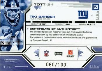 2008 Playoff Absolute Memorabilia - Tools of the Trade Double Material Blue #TOTT 24 Tiki Barber Back