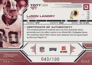 2008 Playoff Absolute Memorabilia - Tools of the Trade Double Material Blue #TOTT 68 LaRon Landry Back