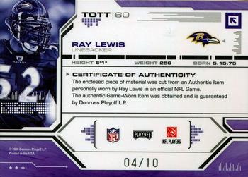 2008 Playoff Absolute Memorabilia - Tools of the Trade Material Oversize Black #TOTT 60 Ray Lewis Back