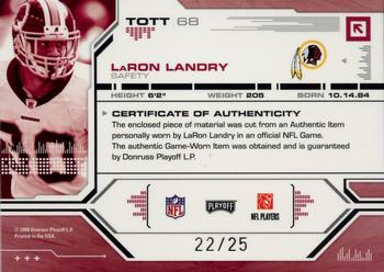 2008 Playoff Absolute Memorabilia - Tools of the Trade Material Oversize Jersey Number Blue #TOTT 68 LaRon Landry Back