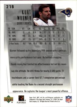 2001 Upper Deck MVP #218 Kurt Warner Back