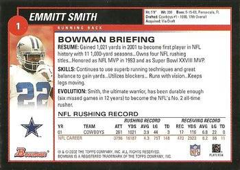 2002 Bowman #1 Emmitt Smith Back