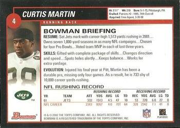 2002 Bowman #4 Curtis Martin Back