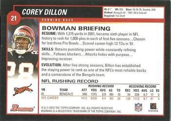 2002 Bowman #21 Corey Dillon Back