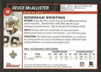 2002 Bowman #28 Deuce McAllister Back
