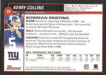 2002 Bowman #29 Kerry Collins Back