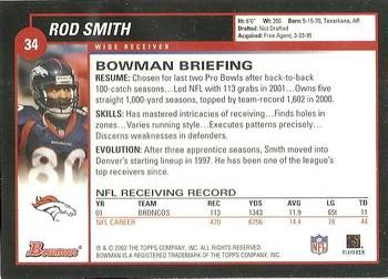 2002 Bowman #34 Rod Smith Back