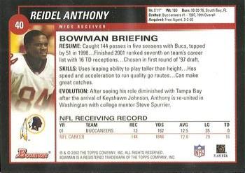 2002 Bowman #40 Reidel Anthony Back