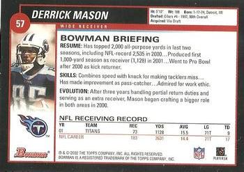 2002 Bowman #57 Derrick Mason Back