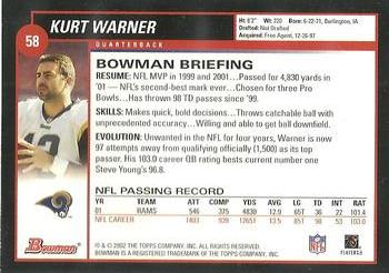 2002 Bowman #58 Kurt Warner Back
