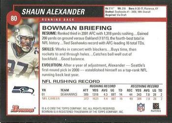 2002 Bowman #80 Shaun Alexander Back