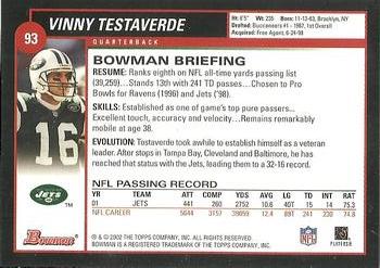 2002 Bowman #93 Vinny Testaverde Back