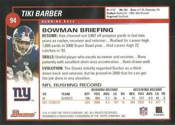 2002 Bowman #94 Tiki Barber Back