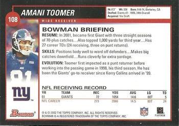 2002 Bowman #108 Amani Toomer Back