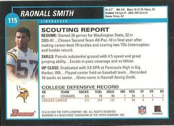 2002 Bowman #115 Raonall Smith Back