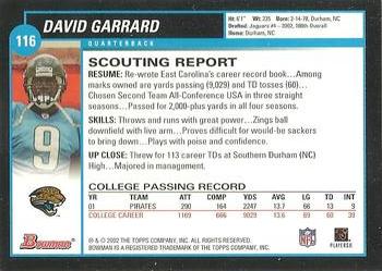 2002 Bowman #116 David Garrard Back