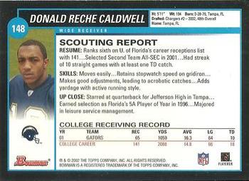 2002 Bowman #148 Donald Reche Caldwell Back