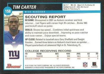 2002 Bowman #158 Tim Carter Back