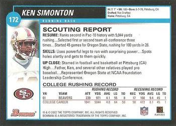 2002 Bowman #172 Ken Simonton Back