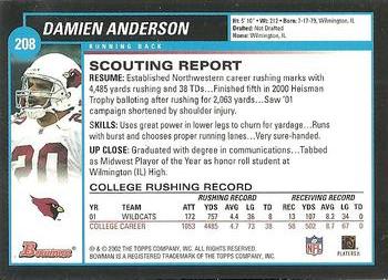 2002 Bowman #208 Damien Anderson Back