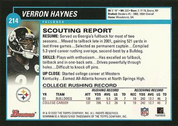 2002 Bowman #214 Verron Haynes Back