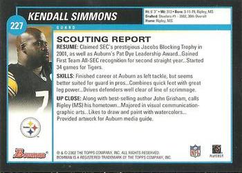 2002 Bowman #227 Kendall Simmons Back