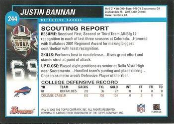 2002 Bowman #244 Justin Bannan Back