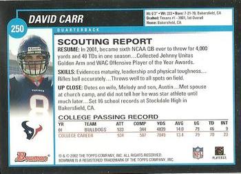 2002 Bowman #250 David Carr Back