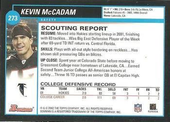 2002 Bowman #273 Kevin McCadam Back