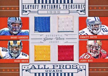 2008 Playoff National Treasures - All Pros Material Quads #1 Barry Sanders / Emmitt Smith / Isaac Bruce / Jerry Rice Front