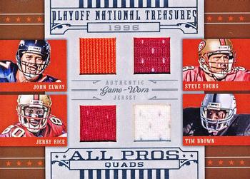 2008 Playoff National Treasures - All Pros Material Quads #2 John Elway / Steve Young / Jerry Rice / Tim Brown Front