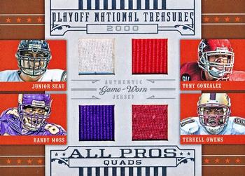 2008 Playoff National Treasures - All Pros Material Quads #4 Junior Seau / Tony Gonzalez / Randy Moss / Terrell Owens Front