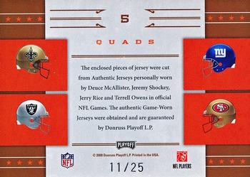 2008 Playoff National Treasures - All Pros Material Quads #5 Deuce McAllister / Jeremy Shockey / Jerry Rice / Terrell Owens Back