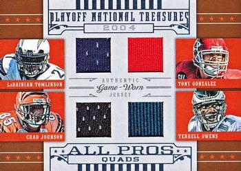 2008 Playoff National Treasures - All Pros Material Quads #7 LaDainian Tomlinson / Tony Gonzalez / Chad Johnson / Terrell Owens Front
