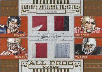 2008 Playoff National Treasures - All Pros Material Quads Prime #2 John Elway / Steve Young / Jerry Rice / Tim Brown Front
