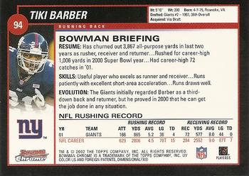 2002 Bowman Chrome #94 Tiki Barber Back