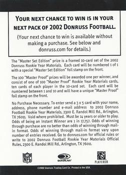 2002 Donruss #NNO Rookie Year Materials Sweepstakes Back