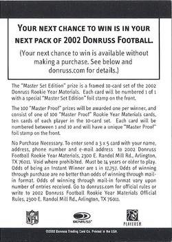 2002 Donruss #NNO Rookie Year Materials Sweepstakes Back