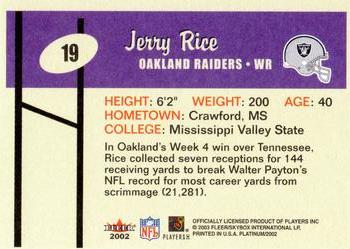 2002 Fleer Platinum #19 Jerry Rice Back
