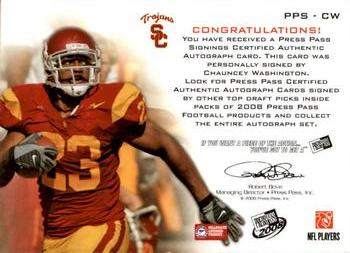 2008 Press Pass - Autographs Bronze #PPS-CW Chauncey Washington Back
