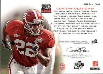 2008 Press Pass - Autographs Silver #PPS-DH DJ Hall Back
