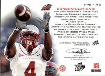 2008 Press Pass - Autographs Silver #PPS-MS Marcus Smith Back