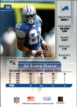 2002 Leaf Rookies & Stars #33 Az-Zahir Hakim Back